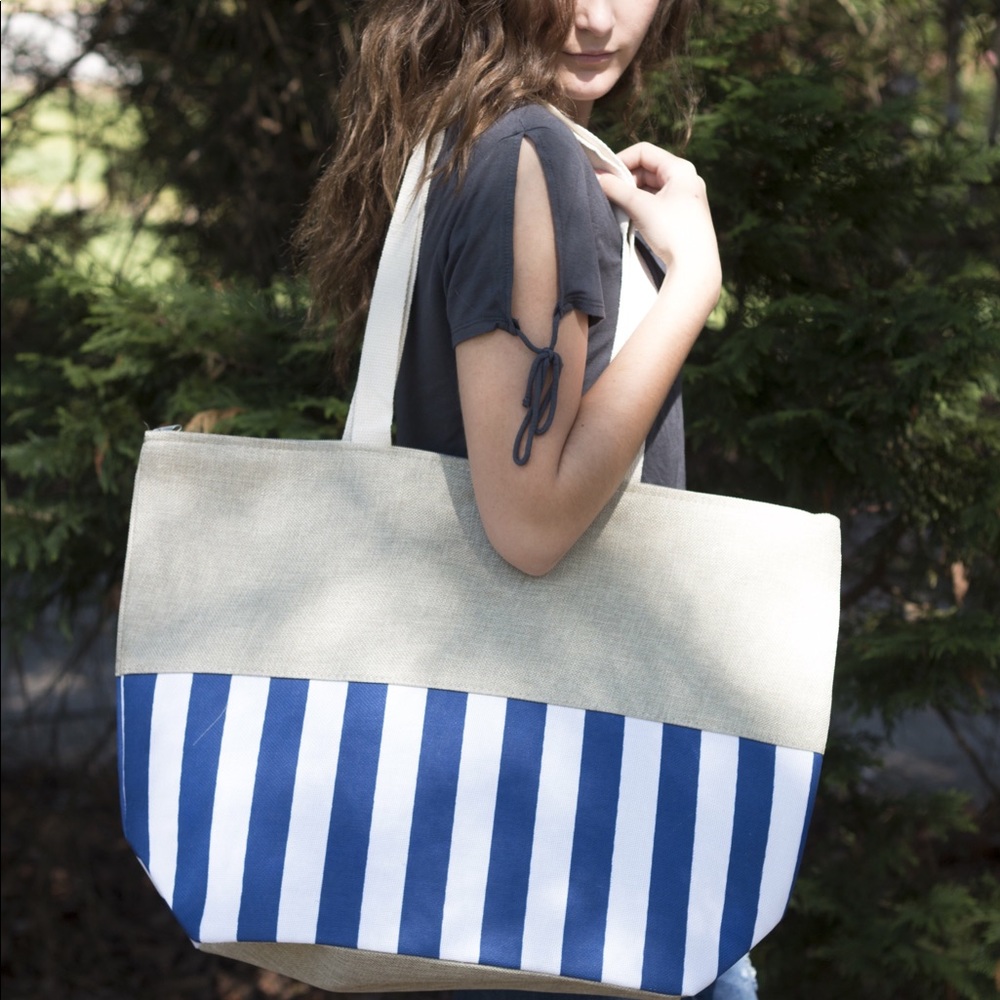 Beach Bound Tote - Blue Stripe & Burlap